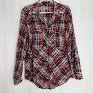 Free People snap button up shirt burgundy plaid size small western cowgirl boho